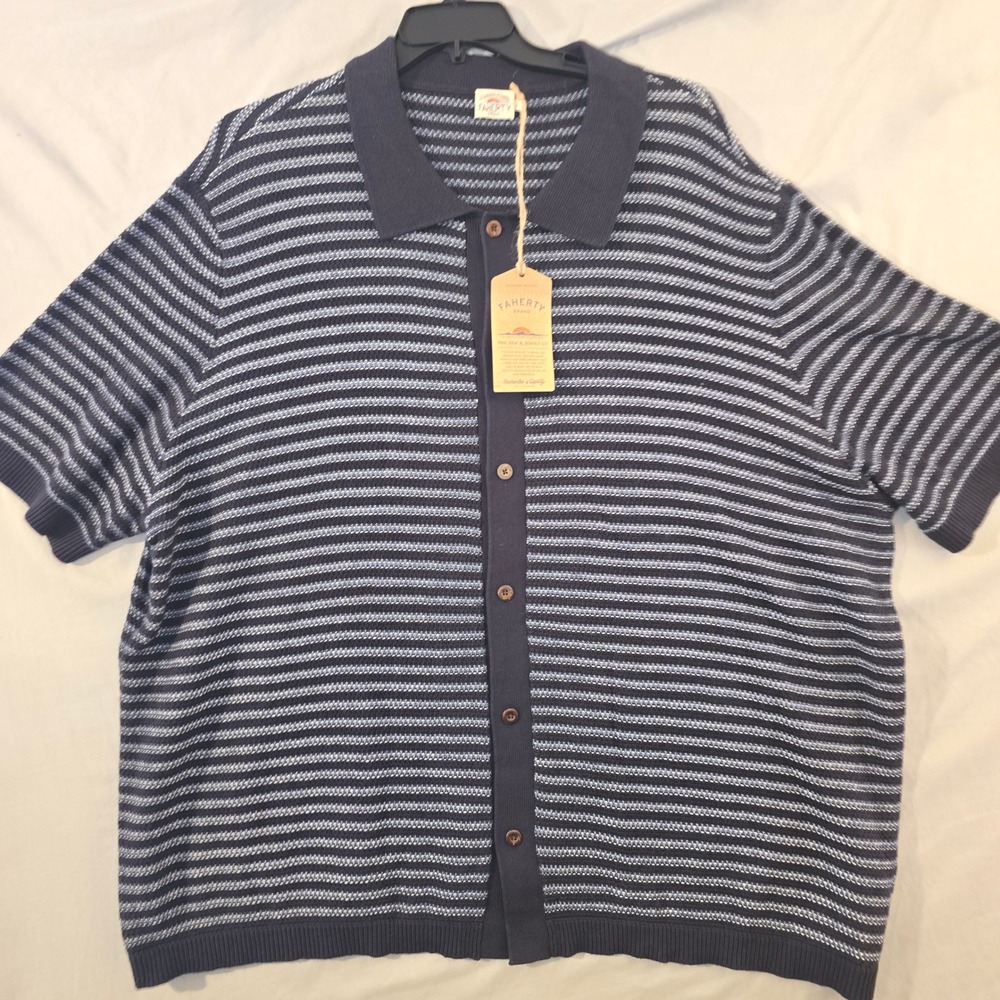 Faherty Knit Polo Cardigan 4XLT Mens Navy Blue Striped Cotton Cashmere NWT